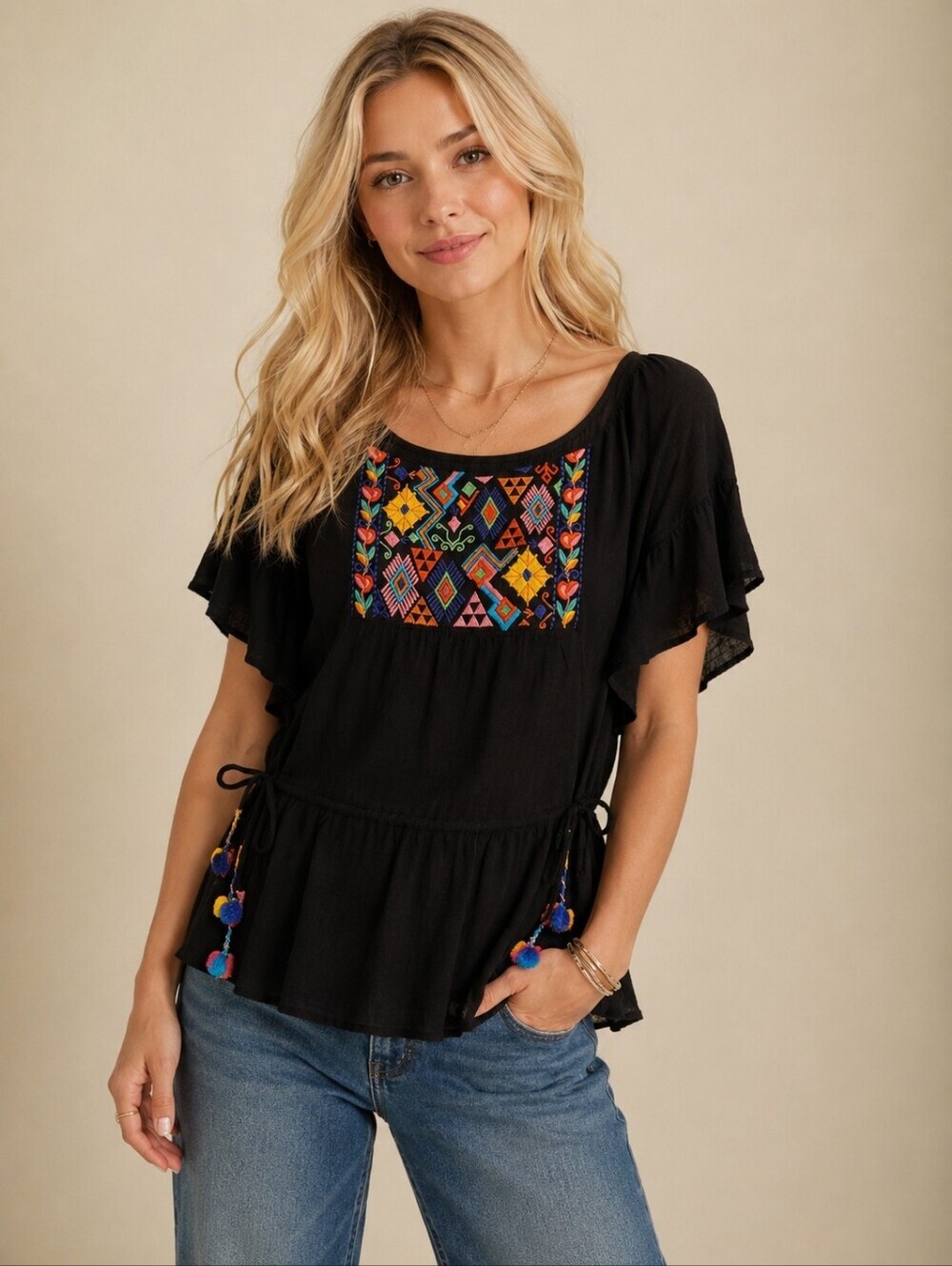 ❤️ LOVE STITCH EMBROIDERED BOHO PEASANT TOP, SMALL